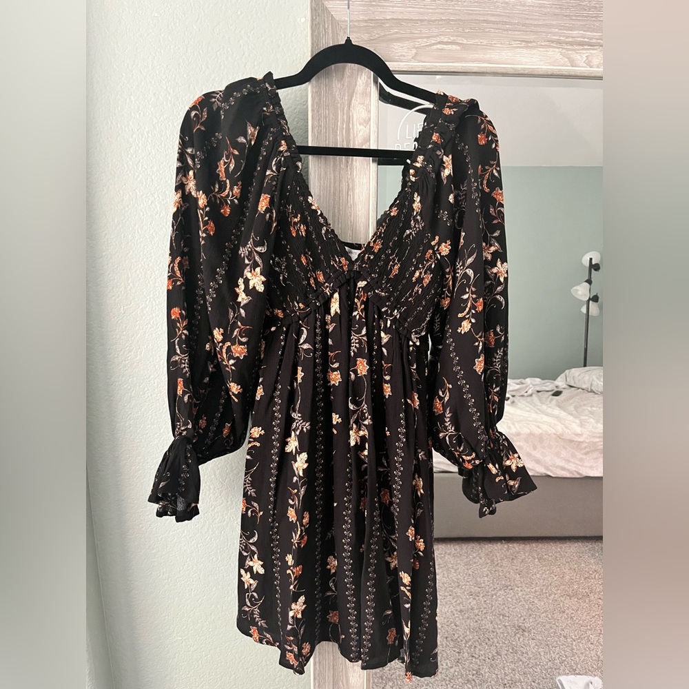 Black and Pink Ruffled Tiered Long Sleeve Sundress